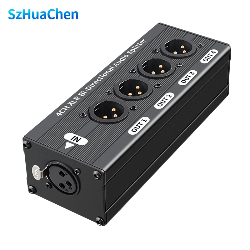 3Pin 1 Input 4 Output Audio Splitter No Power Needed Metal Housing Audio Distribution Splitter for Mixer Amplifier Speaker