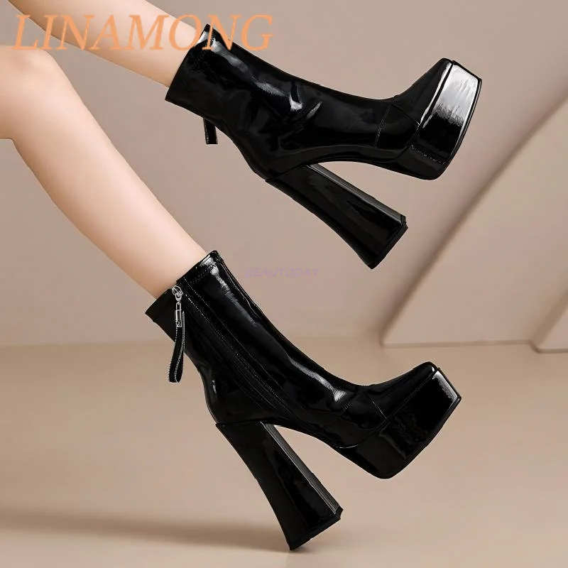 Stivaletti corti con cerniera laterale a punta affilata Tacco spesso Temperamento in pelle lucida Stivaletti corti versatili Stivali con tacco alto con suola spessa