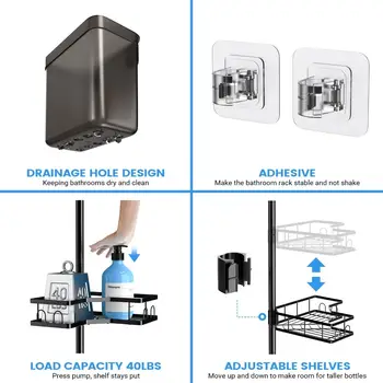 מוט מתח לתא מקלחת פינתי: מדפי ארגון אמבטיה מתכווננים ועמידים בפני חלודה בארבעה שכבות - מתלה שמפו לאמבטיה 43.5-120 אינץ' 10 best sales ארגז אמבטיה - №4