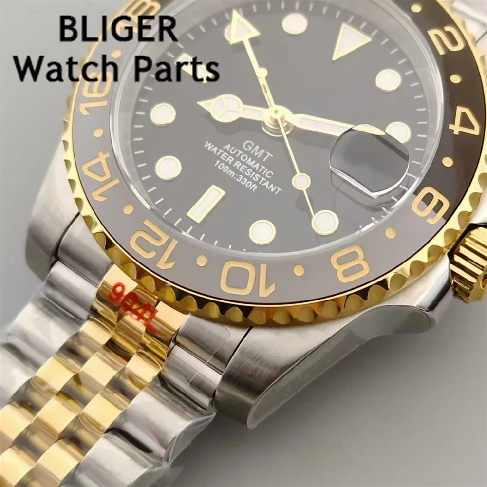 

BLIGER NH34A 100M Waterproof 40mm Gold GMT Function NH34 GMT Automatic Men Watch Steel Bracelet Sapphire Glass Green Luminous