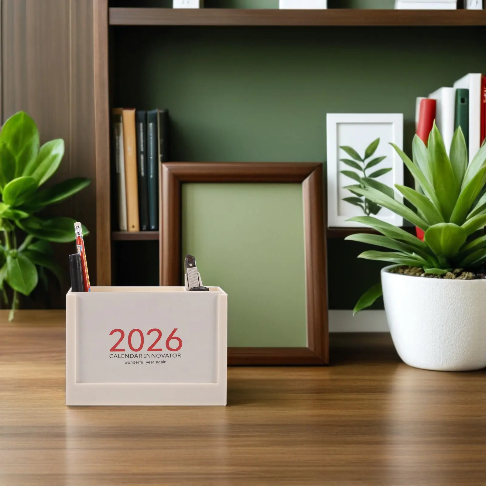 

Perpetual Desktop Calendar with Integrated Pen Holder 2-in-1 Functional Desk Organizer for Office School Use Multi Grid