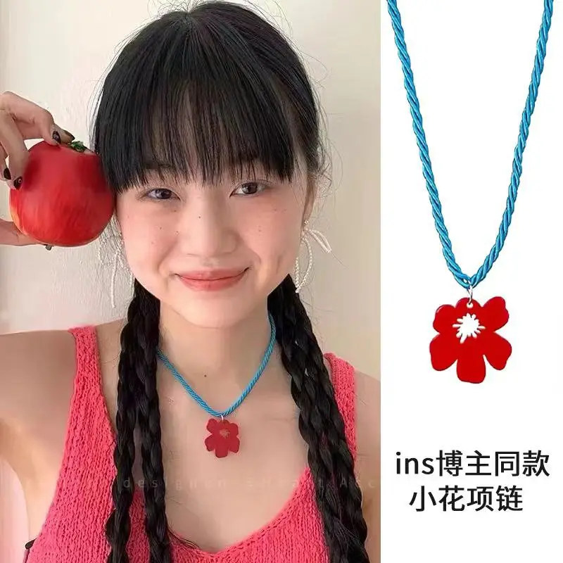 Summer Blogger Style Small Red Flower Necklace for Women, Korean Style Versatile Summer Braided Rope Accessory, Colorful Dopamine Collarbone Chain
