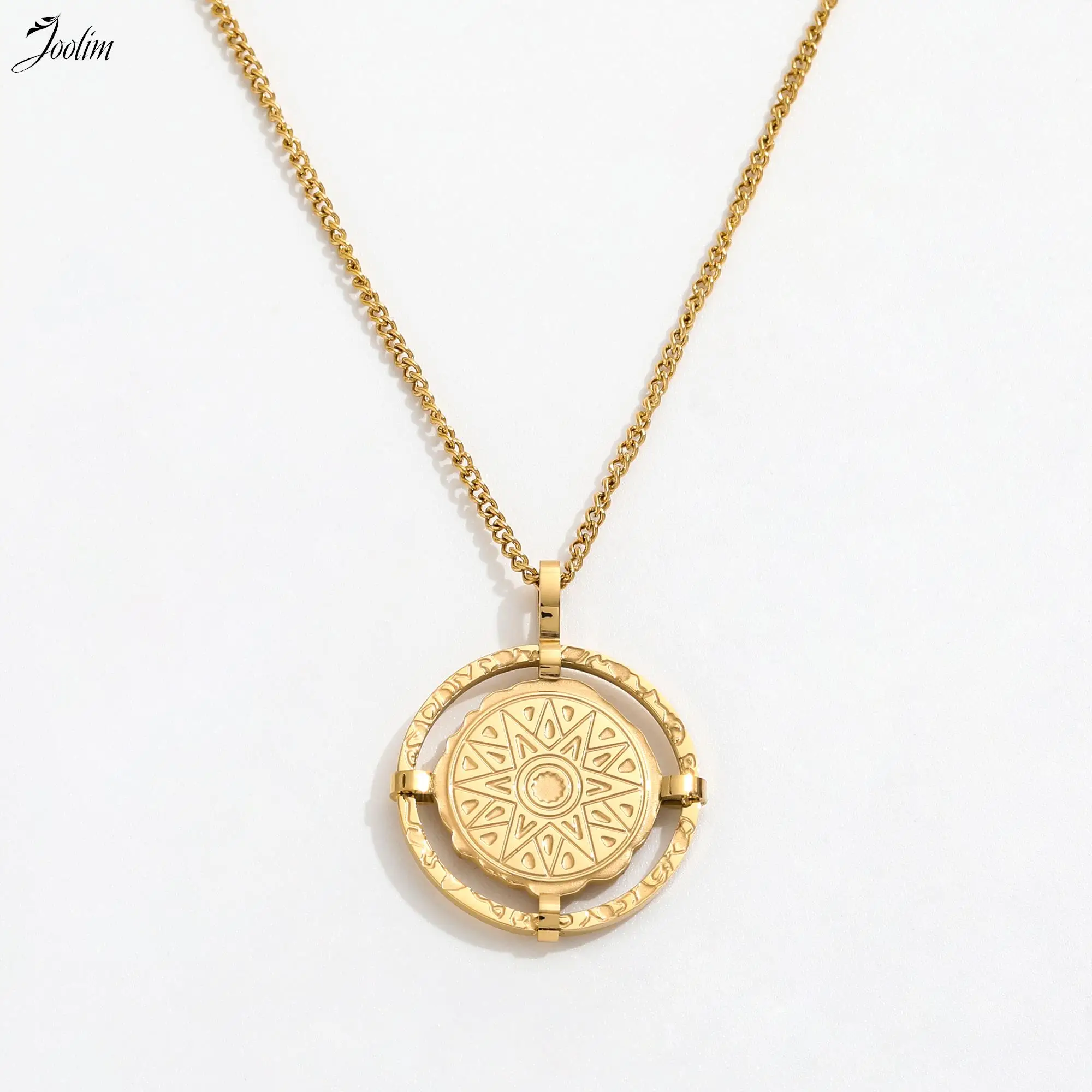 

Joolim Jewelry PVD Wholesale Waterproof Fahionable Antique Sun Coin Pendant Stylish Stainless Steel Necklace For Women