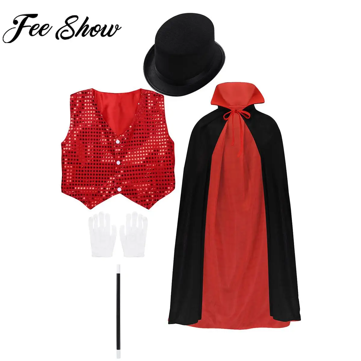 Jongens Meisjes Halloween Goochelaar Cosplay Prestaties Kostuum Mantel met Vest Hoed Toverstaf Handschoenen voor Koor Dans Carnaval Party