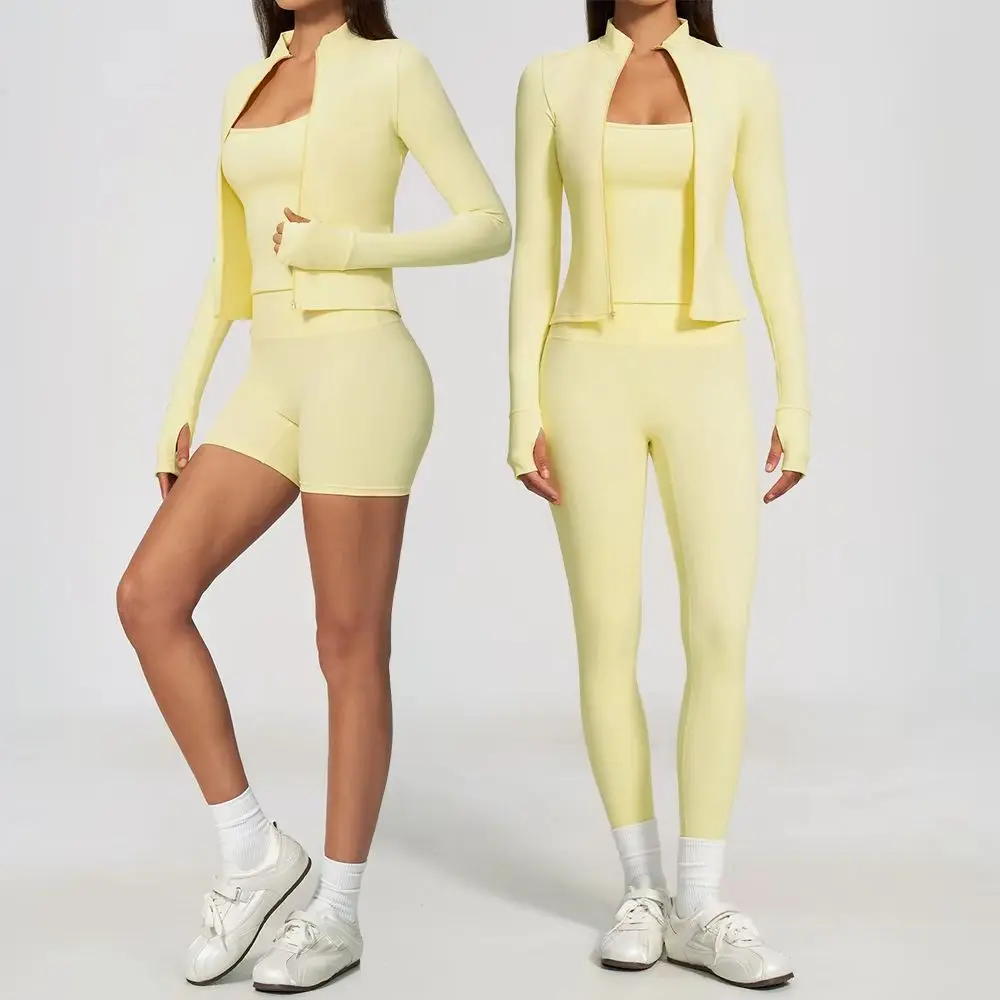 Women Yoga Set 3PCS Workout Set Sportswear Gym Clothing Zipper Fitness Long Sleeve High Waist Leggings Cycling Shorts Sports Bra
