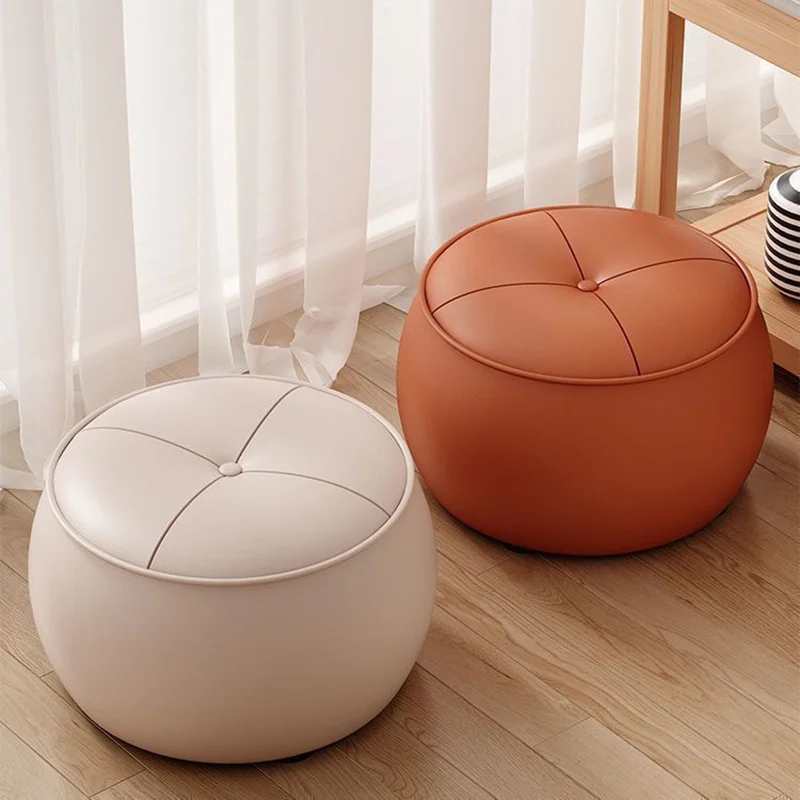 

PU Leather Pumpkin Stool with Solid Wood Base - Luxury Ottoman Bench for Entryway, Kids’ Round Seat Living Room Decor