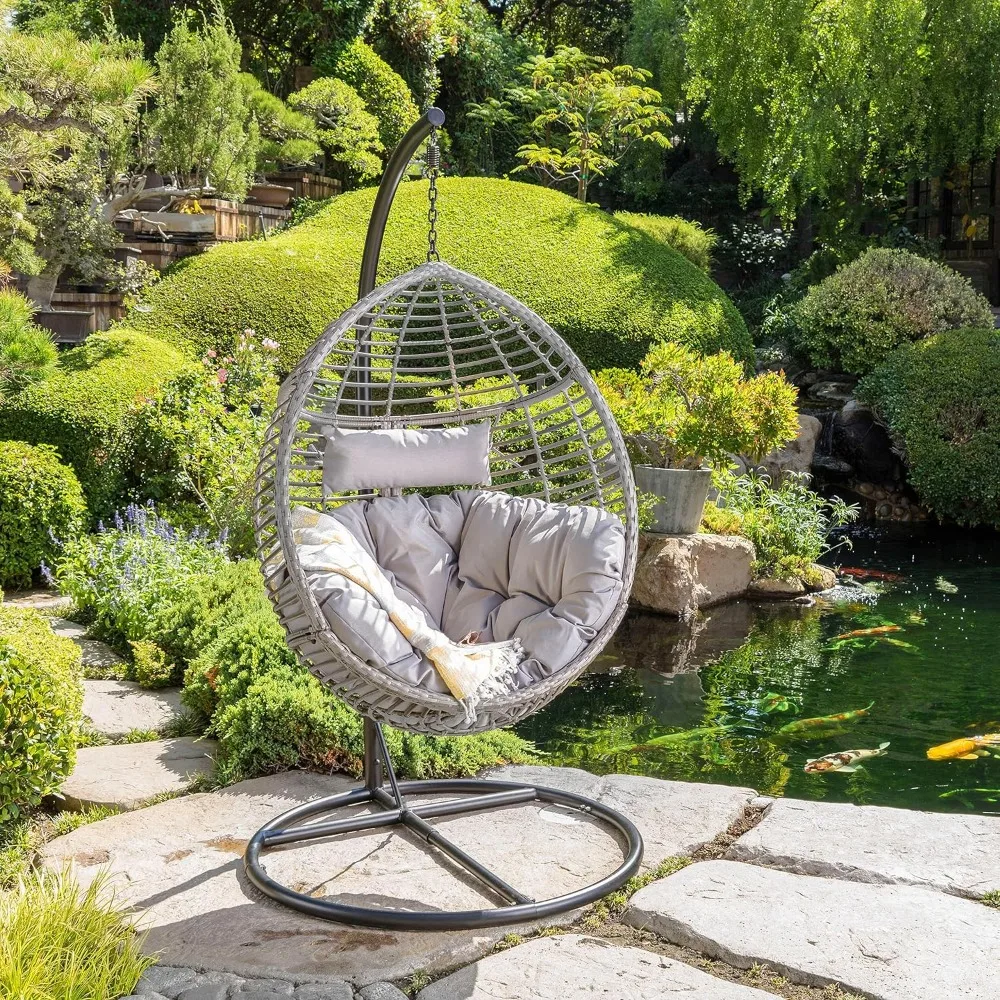 Leasa Outdoor Wicker Hanging Basket Chair With Water Resistant Cushions and Iron Base Grey / Black Swing Outdoor Garden Swings