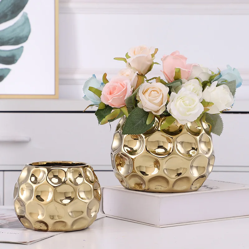 Gold Ceramic Flower Pot Geometric Flowerpot Succulent Planting Pot Garden Plant Accessories Plant Pots Home Decoration