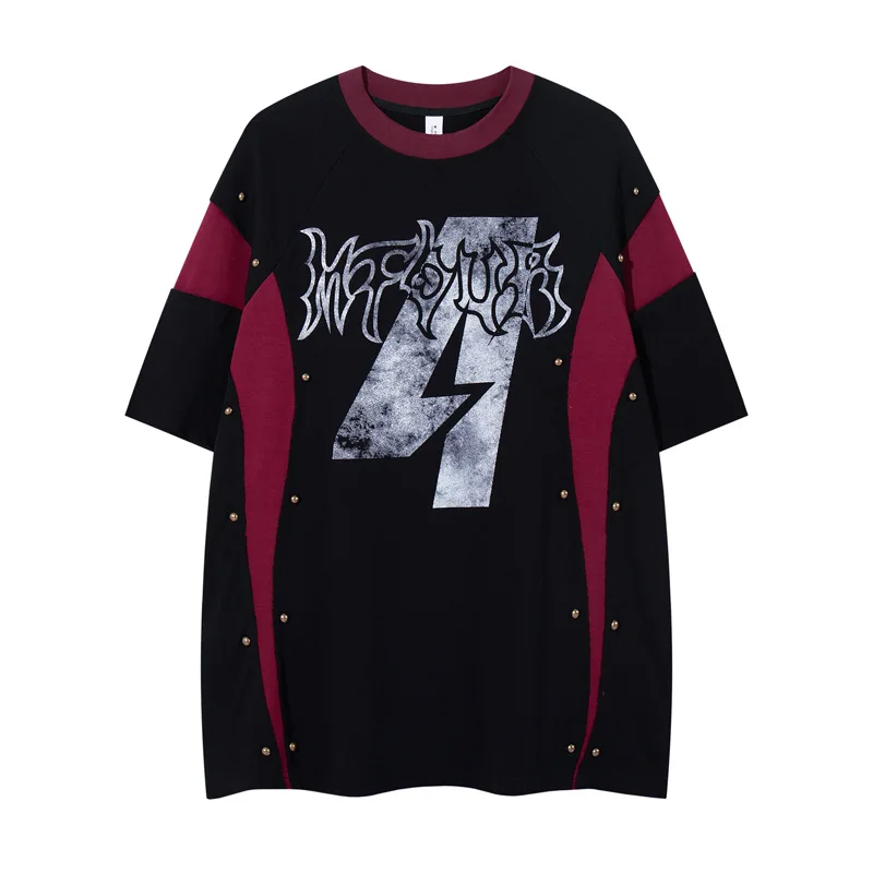 

Мужские футболки в стиле хип-хоп Vibe Style: уличная мода, граффити-принт, заклепки, свободный крой, Y2K, с росписью, короткий рукав
