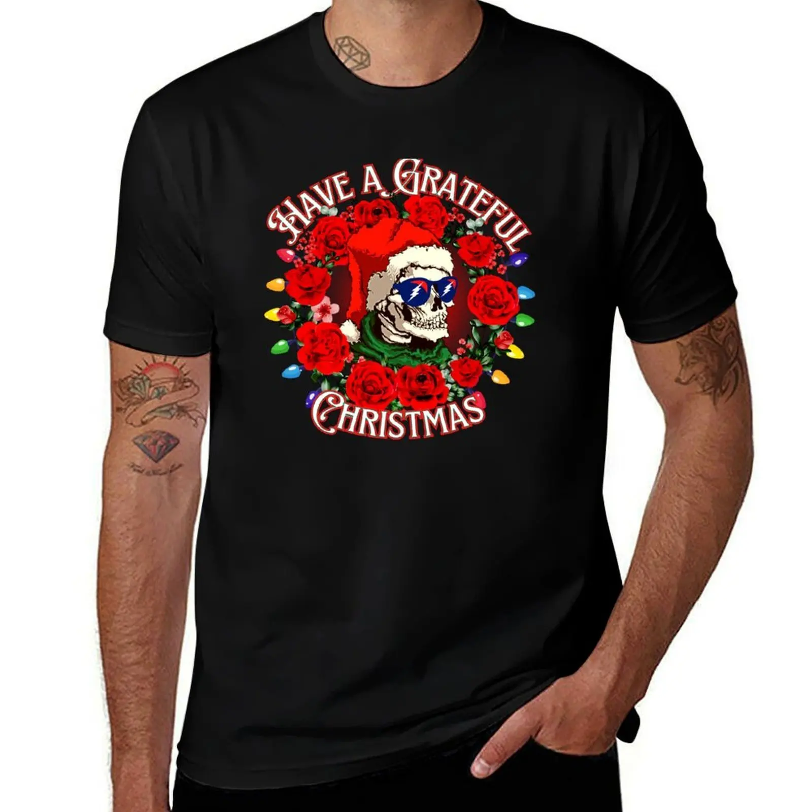 Grateful Chrtistmas Roses & Skeleton T-Shirt Holiday Lightweight T-Shirt