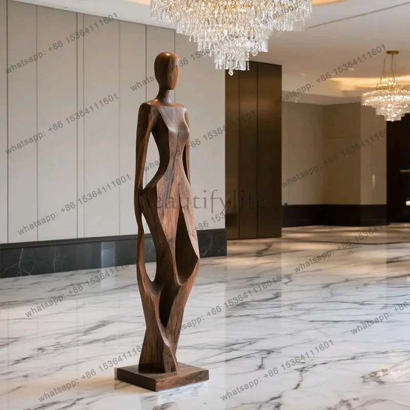 8Hotel lobby wood carving large Muse statue villa clubhouse abstract figure floor decoration