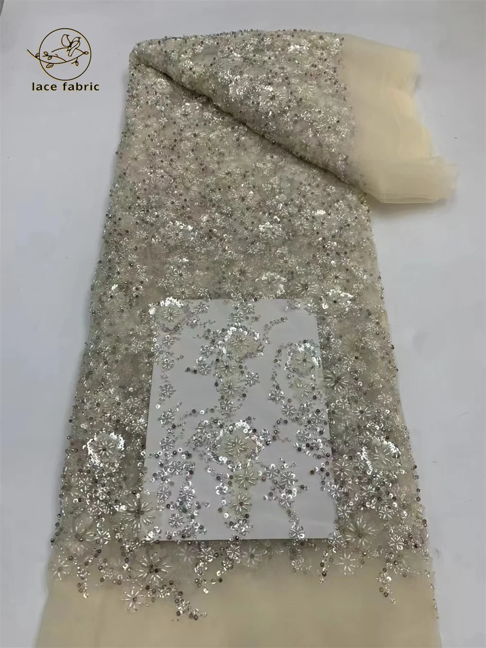 2024 Latest French Heavy Beaded Tulle Laces Fabric High Quality African Net Lace Fabric With Sequins White For Evening Dresses