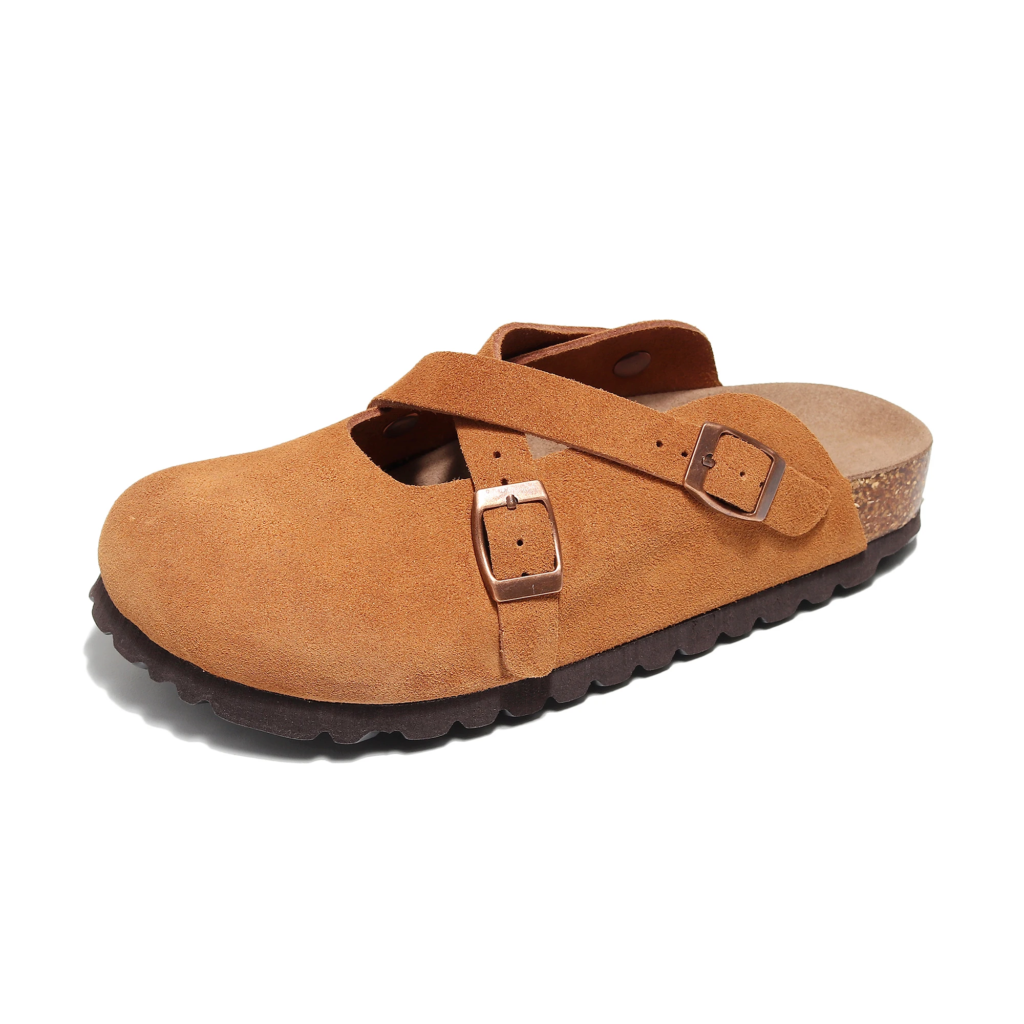 2 Cross Strap Cork Clogs Buckle Decor Mules Round Toe Backless Flats Slip-on Shoes For Women Men Unisex Beach Slippers