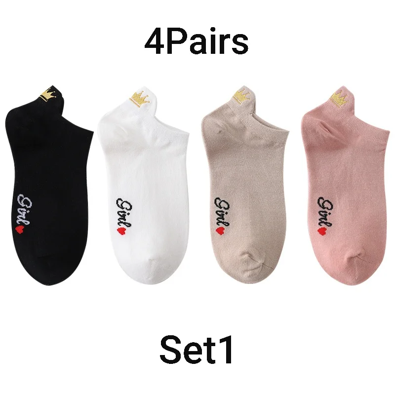 8pcs=4pairs Gift Pattern Funny Cute Embroidery Socks Women White Crown Kawaii Cotton Short Socks Candy Color Couple Set Gift