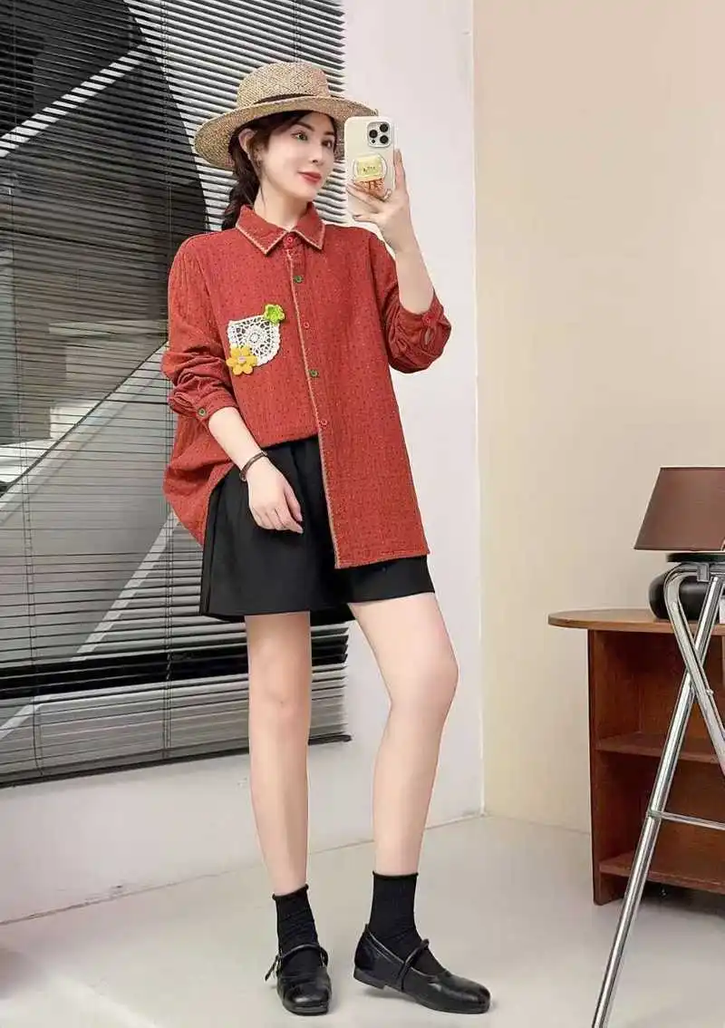 جديد 2025 خريف غزل القطن قميص طويل الأكمام ، المرأة بدوره إلى أسفل طوق التطريز جيب ، موري فتاة ريترو OL بلوزة فضفاضة T5O754CC #2