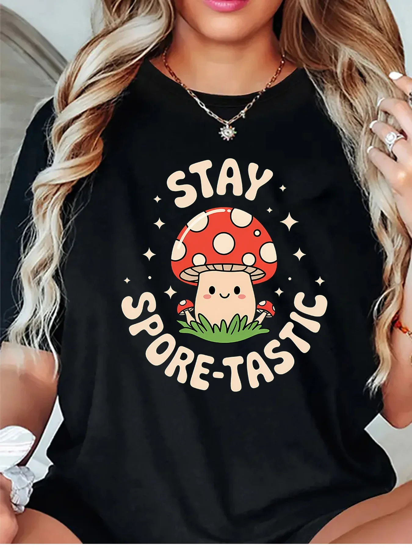 Womens O Neck Short Sleeve T Shirt Stay Spore Tastic Cute Red Mushroom Cartoon Fun Slogan Graphic Casual Daily Ladies Tops