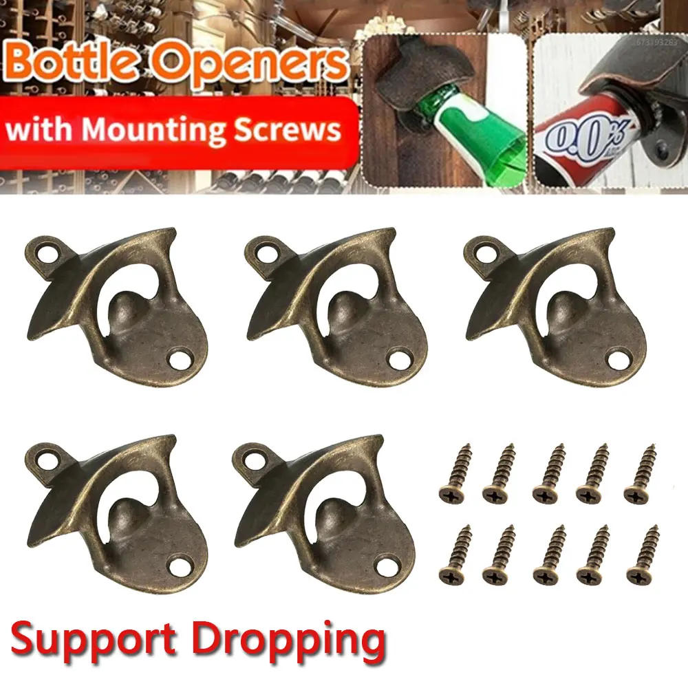 5pcs Bottle Opener Wall Mounted Rustic Beer Opener Set Vintage Look with Mounting Screws for Kitchen Cafe Bars Support Dropping