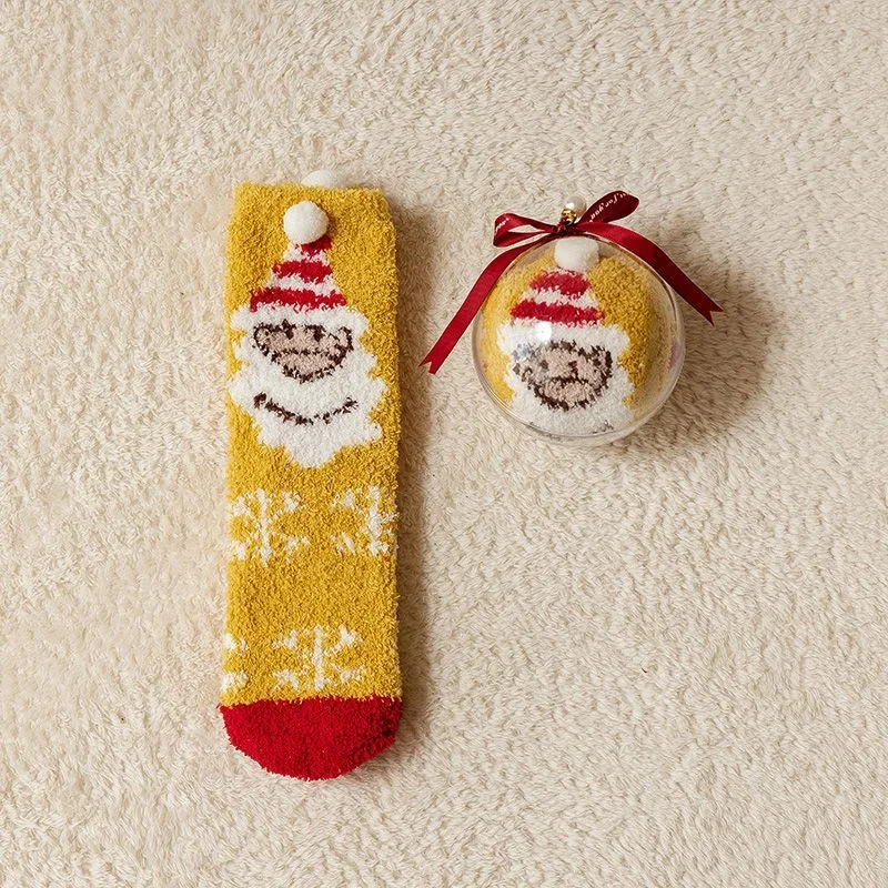 Świąteczne skarpety Świętego Mikołaja z polaru koralowego, grube, ciepłe, pluszowe, do noszenia w domu, do spania, zestaw w pudełku prezentowym, prezent świąteczny dla par.