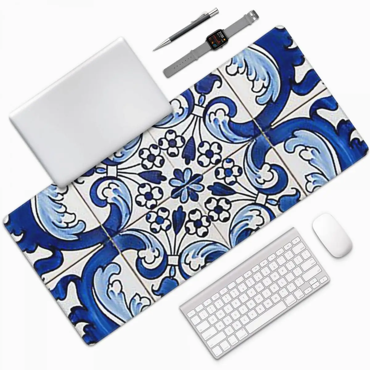 Antique Classic Lisbon Blue Azulejo Tile Floral Large Mouse Pad Computer Keyboard Mouse Mat Gaming PC Desk Mat Office Table Mats