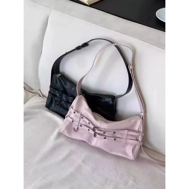 Korean Blogger-Inspired Niche Design Large-Capacity Motorcycle Bag – Y2K Retro Chic Belt-Buckle Crossbody/Shoulder Bag