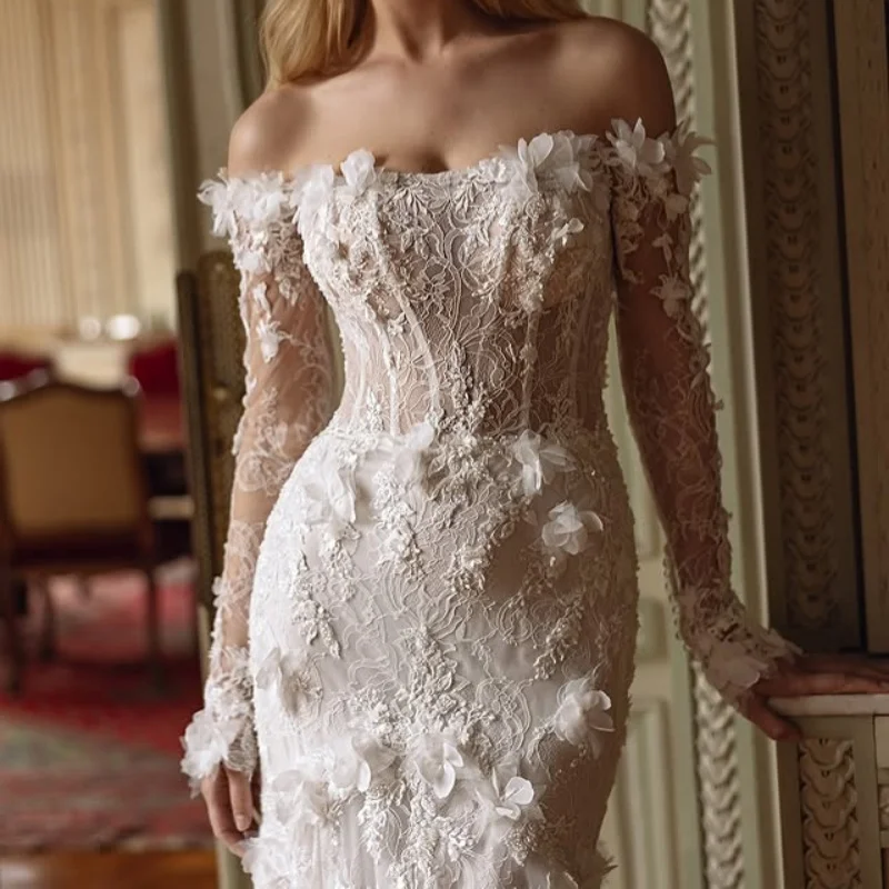 

Customized Shiny ivory white Spaghetti Straps Tull Wedding Dresses applique 3D flower fish tail Bridal Gowns Made Dress