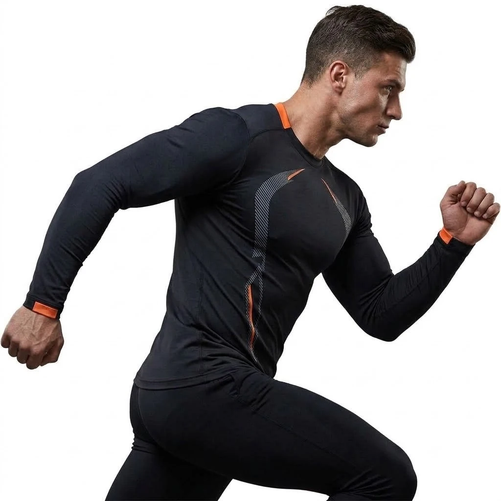 Herren-Langarmshirt, schnelltrocknend, sportlich, für Fitnessstudio, Workout, eng anliegend, schmal geschnitten, atmungsaktiv, für Bodybuilding und Sport. – Detail 7