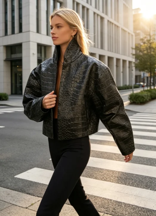 Cropped Faux Croc Leather Jacket Women Stand Collar Loose Solid Fashion Outerwear Autumn Street Commuter Casual Party Jackets