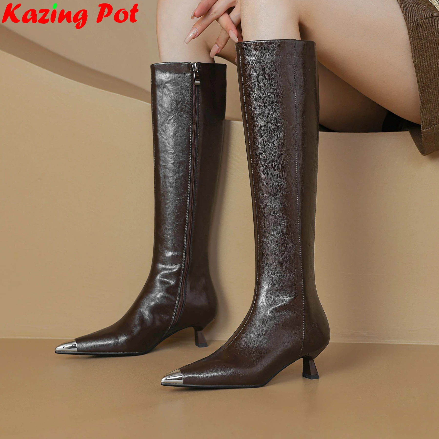 Cow Split Leather Pointed Toe Riding Boots Dating Autumn Winter Shoes Concise Party Plus Size 31-47 Brand Women Knee-high Boots