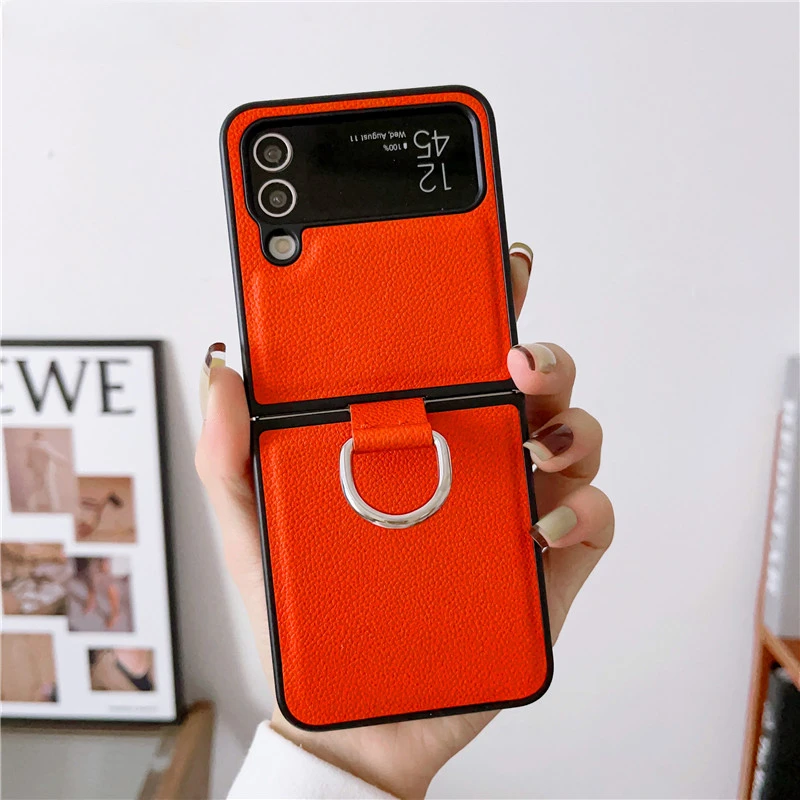 For Samsung Galaxy Z Flip 5 4 3 Phone Case Luxury Pu Leather Hard Plastic Back Cover5G Case with Ring