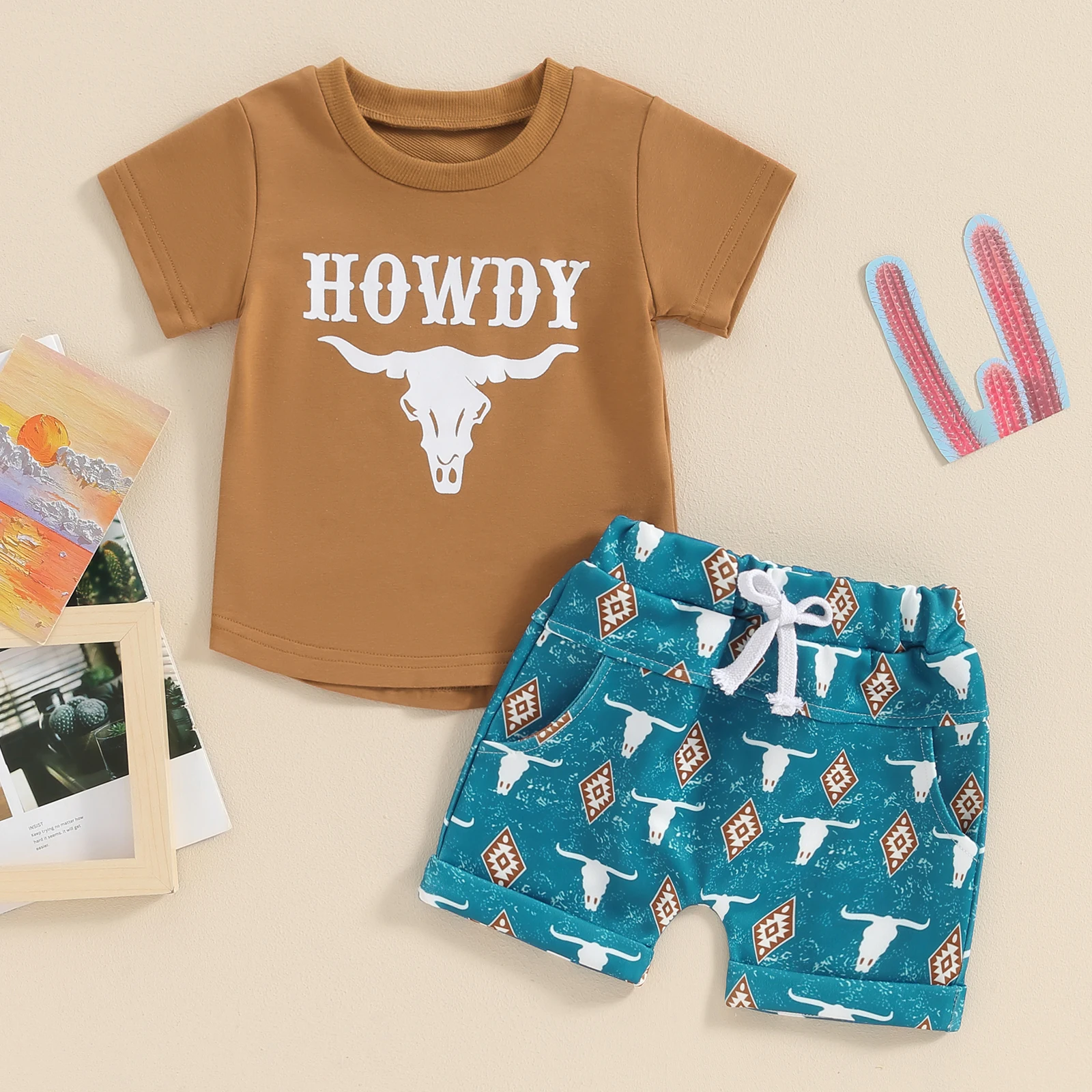 Kids Baby Boy Western Clothes Outfits Summer Short Sleeve Howdy Print Shirt T-Shirts with Cow Pattern Short 2Pcs Toddlers Sets