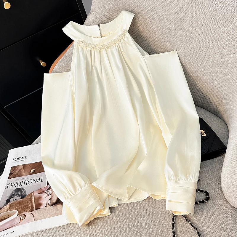 レディースブラウスシャツ 新作 長袖 Oネック ビーズ オフショルダー ブラウスシャツ レディース トップス ブラウス シャツ ブラウス カミサ 2025 Q522