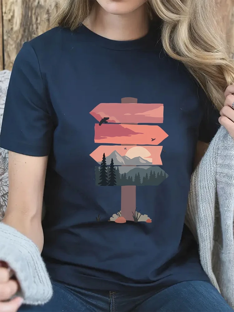 

Vintage Street Wear Fashion Graphic Tee With Road Sign Print T-Shirts Short Sleeve Cotton O Neck Y2k Clothes Harajuku For Women