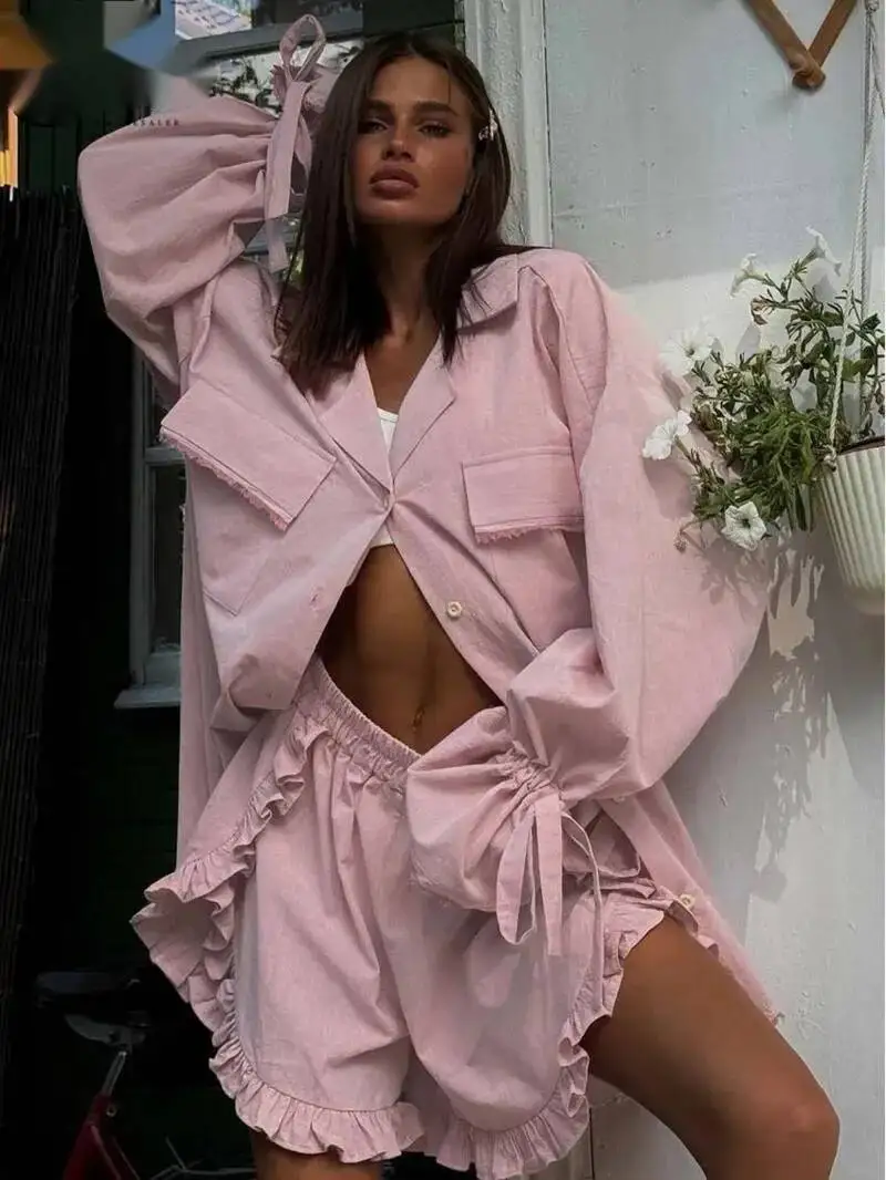 

Elegant Pink Cotton Sets For Women 2 Pieces Fashion Pockets Long Sleeve Lace-Up Shirts And High Waist Ruffled Shorts Sets