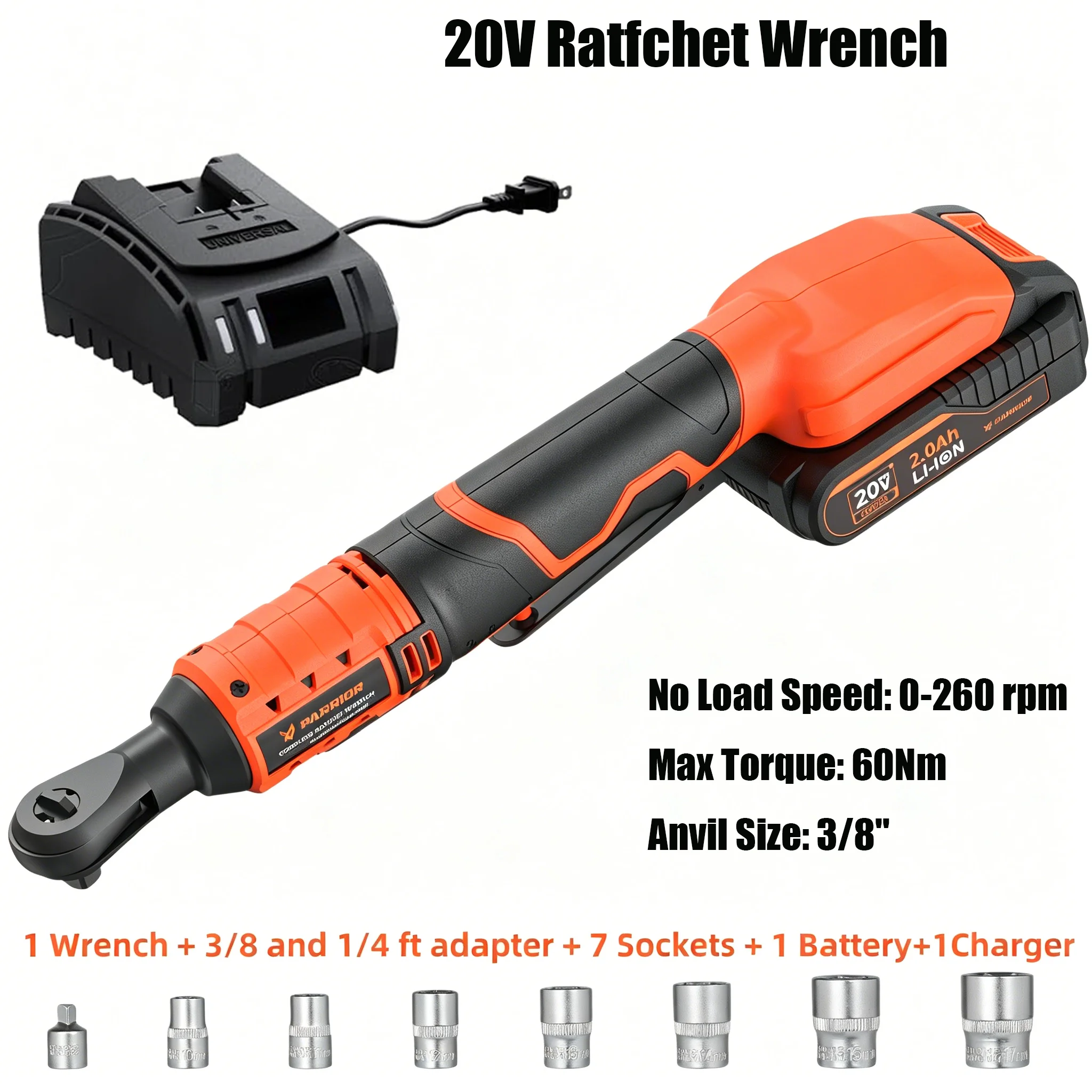 20V Cordless Electric Ratchet Wrench Set 3/8' Drive 44.2 Ft-lbs (60 Nm) Torque 260 RPM Includes 2.0Ah Battery & Fast Charger 7 Sockets + 1/4' Adapter For Automotive Repair DIY Home Use