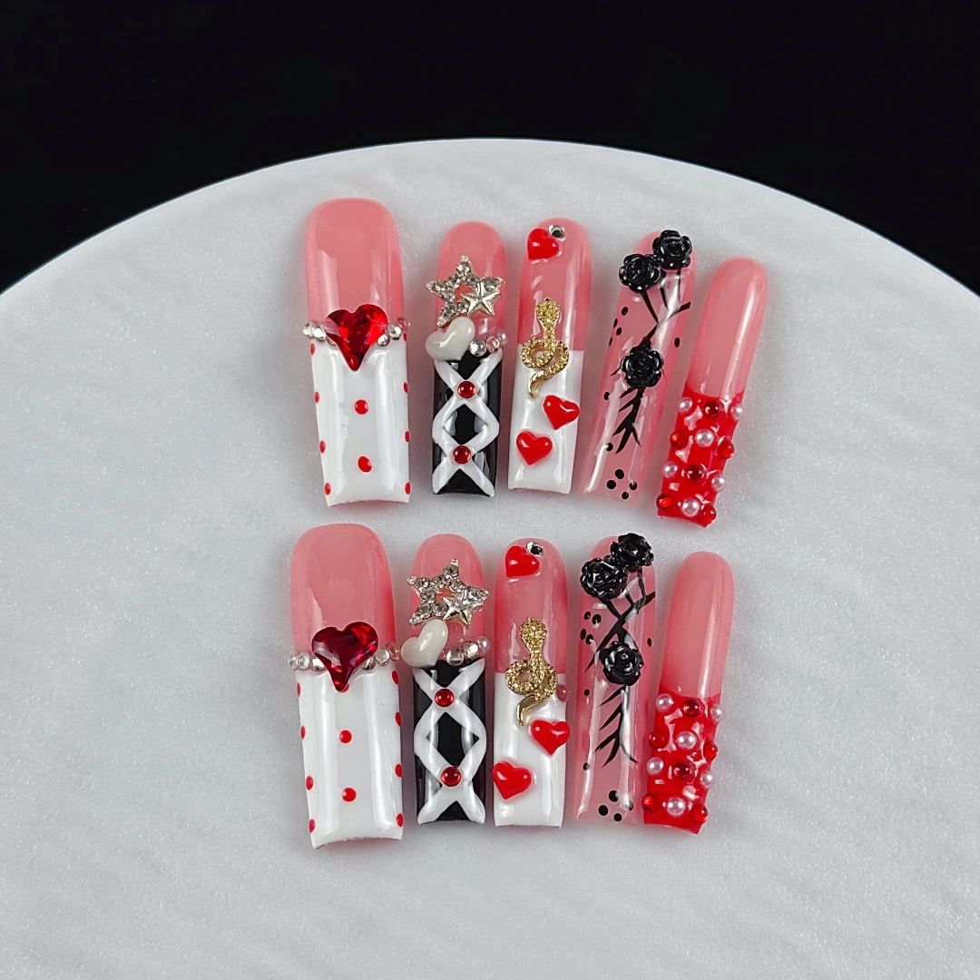 10pcs High-end Retro Gothic style, hand-painted roses, hearts, stars, glittering point diamonds handmade fake nails