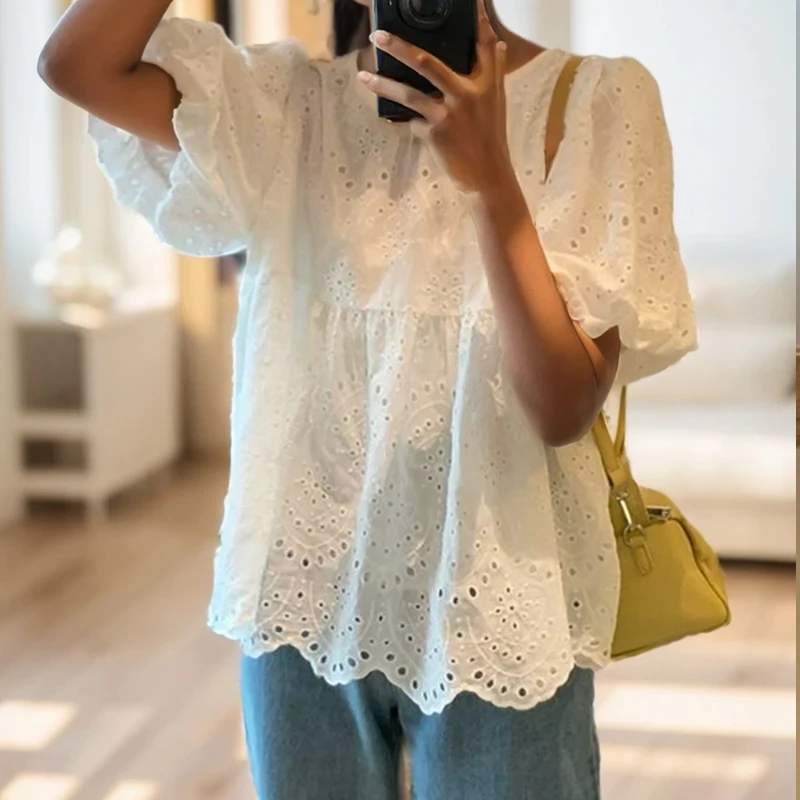 Summer French Style Embroidery Hollow Out Shirt New White Lace Blouse for Women Short Puff Sleeve Tops Round Collar Clothes 930