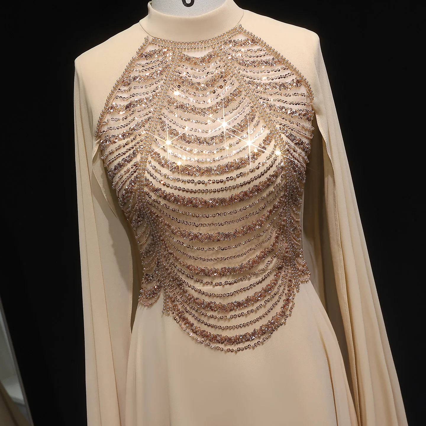 شارون سعيد فستان سهرة فاخر بلون الشامبانيا بأكمام قصيرة للنساء رداء حفلات الزفاف الرسمي العربية 2025 SF341 مخصص