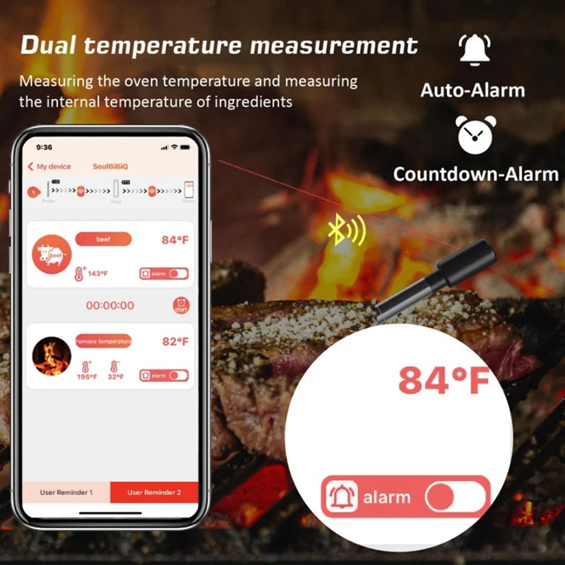 Wireless Meat Food Thermometer Black ABS For Cooking Oven Grill BBQ Steak Turkey Kitchen APP Smart Digital Bluetooth Barbecue