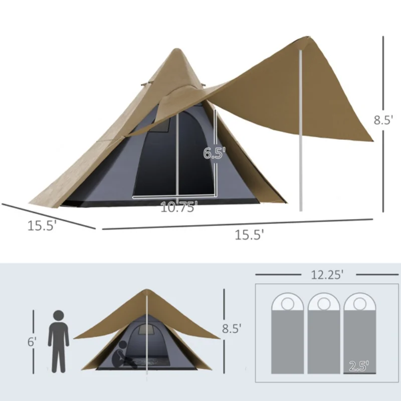 Pyramidenzelt, wasserdichtes Baumwoll-Tee-Zelt, Familiencamping, sofort tragbar, Fiberglas, Wandern