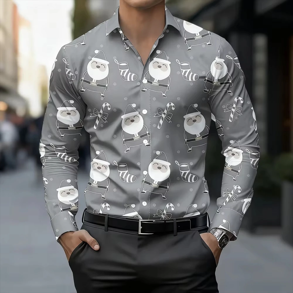 Kemeja Lengan Panjang Pria dengan Cetakan 13 Warna Santa dan Tongkat Permen Pakaian Santai untuk Liburan ​