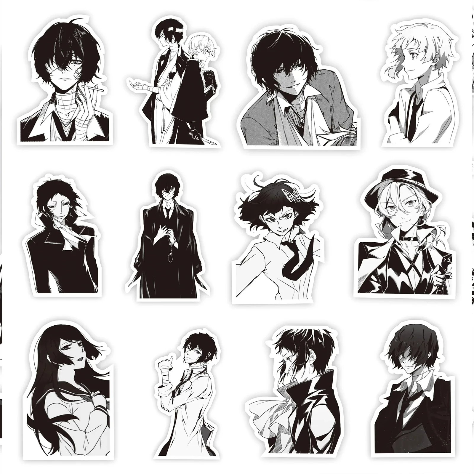 65PCS Black and White Bungou Stray Dogs Anime Stickers Graffiti Decals Phone Laptop Motorcycle PVC Waterproof Kids Sticker Toy