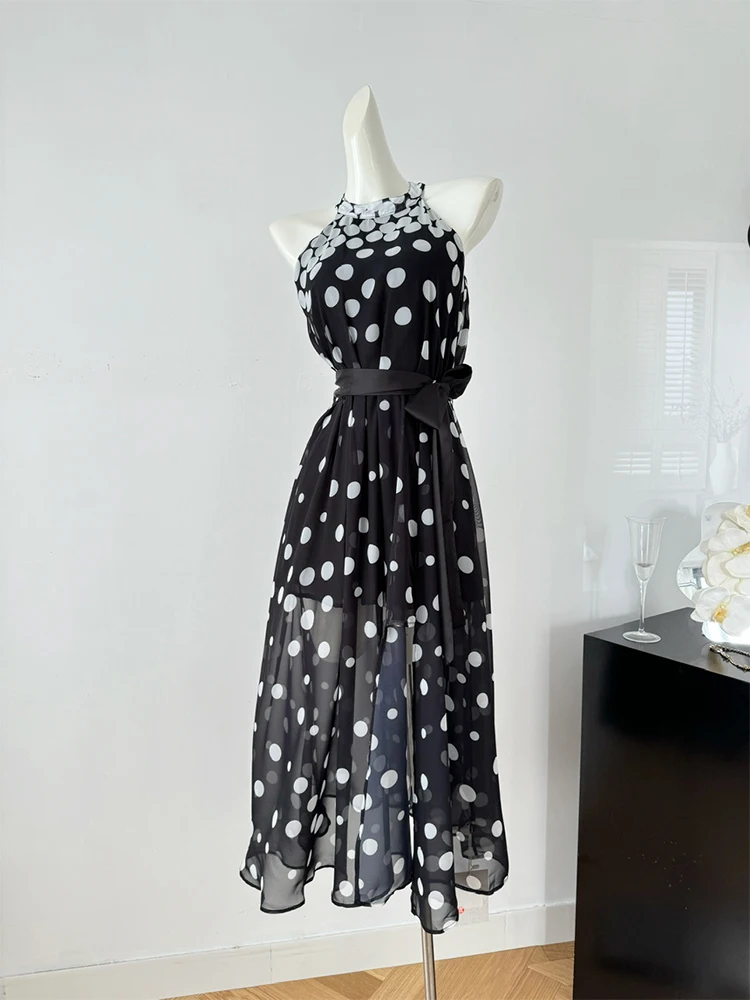 Summer French Vintage Robe Long Dress Polka Dot Women Sleeveless Tunic Frocks One-Piece Evening Prom Gown Old Money Aesthetic