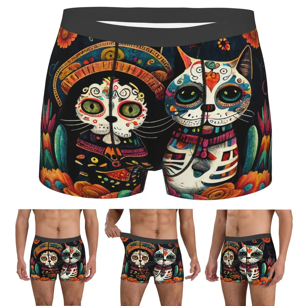 Boxer Underpants Shorts Day Of The Dead Kitten Cat Sugar Skull Dia De Los Muertos Panties Men Ventilate Underwear for Homme Man