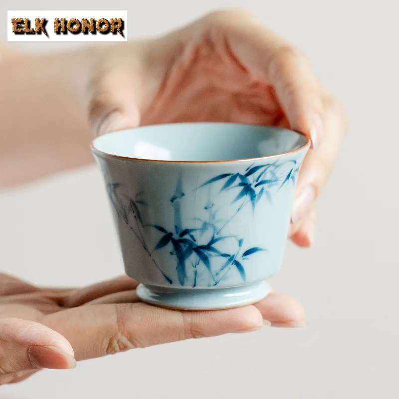 

90ml Ru Kiln Hand-painted Blue Bamboo Teacup Vintage Tea Bowl Sample Tea Cup Tea-tasting Smelling Cup Chazhan Master Cups Teaset