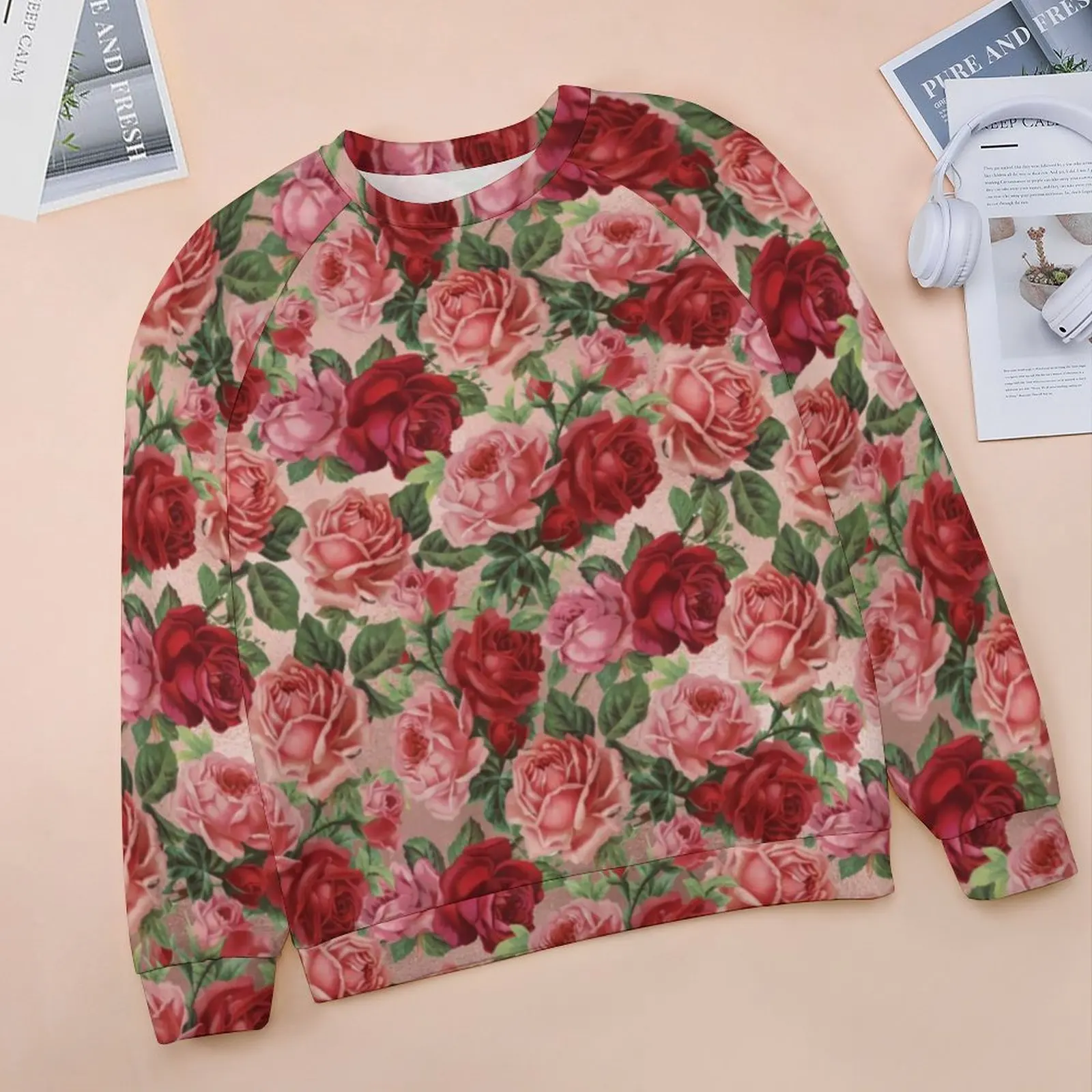 Felpe con stampa floreale Vintage donna manica lunga elegante rose rosse elegante felpa con cappuccio Casual Street Style felpe personalizzate Oversize