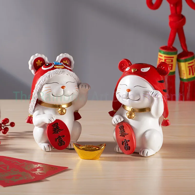 New Year's Creative Tiger Gathering Wealth Hat Lucky Cat Ornament Cute Get Rich Waving Home Festive Decoration Crafts