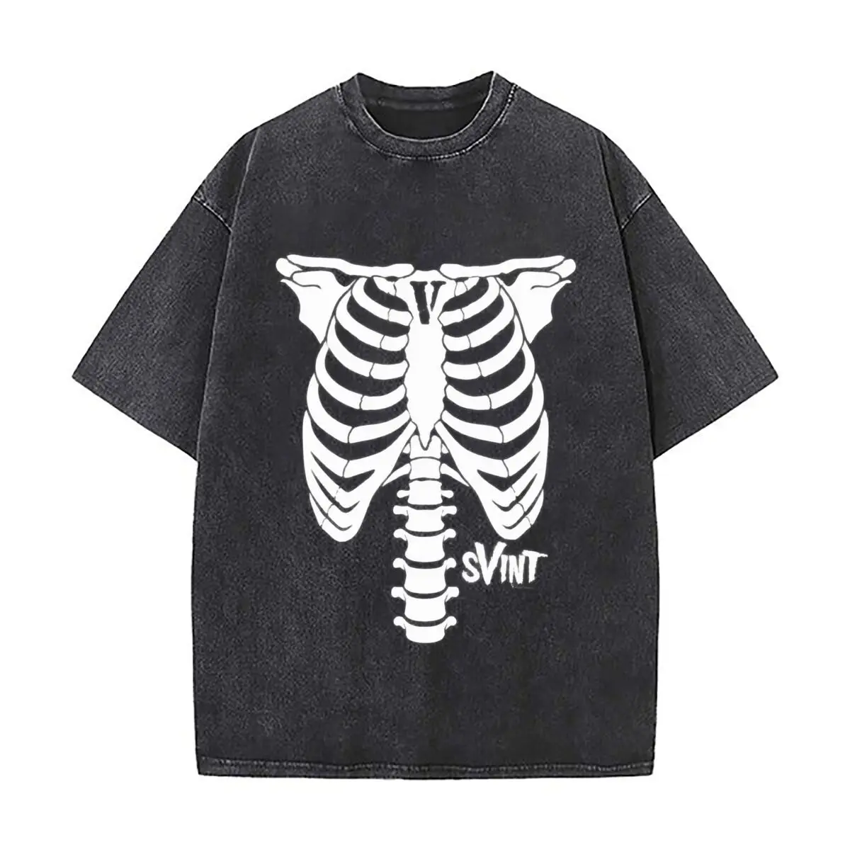 Anatomical Rib Cage Skeleton Spine Illustration Washed Short Sleeve Loose Streetwear Tee Hip Hop