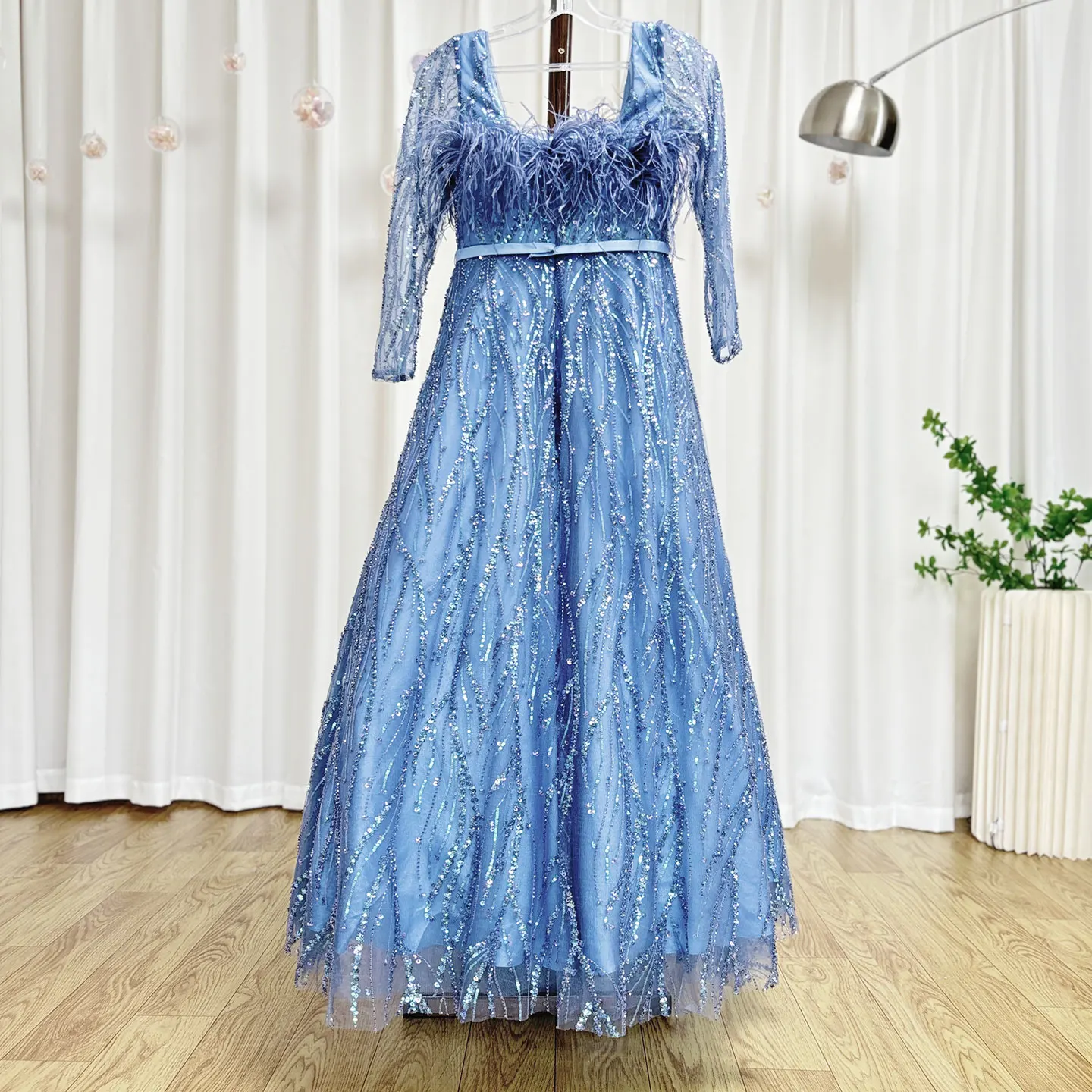 Jill Wish Luxury Dubai Blue Girl Dress Feathers Beaed a-line Gown for Kids Wedding Birthday comunione Party Pageant 2024 J369