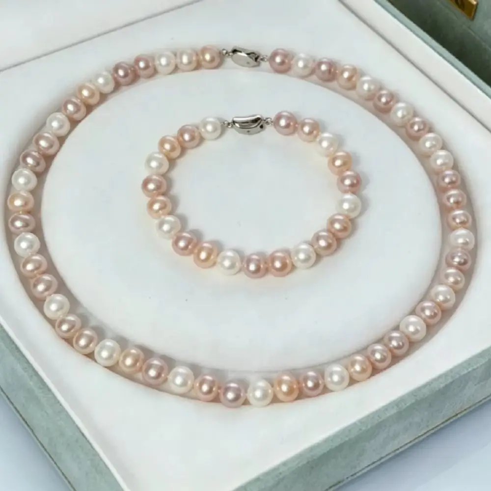 Classic necklace AAAA 8-9mm natural South Sea white+pink pearl necklace 18in+bracelet 7.5-8in/925s