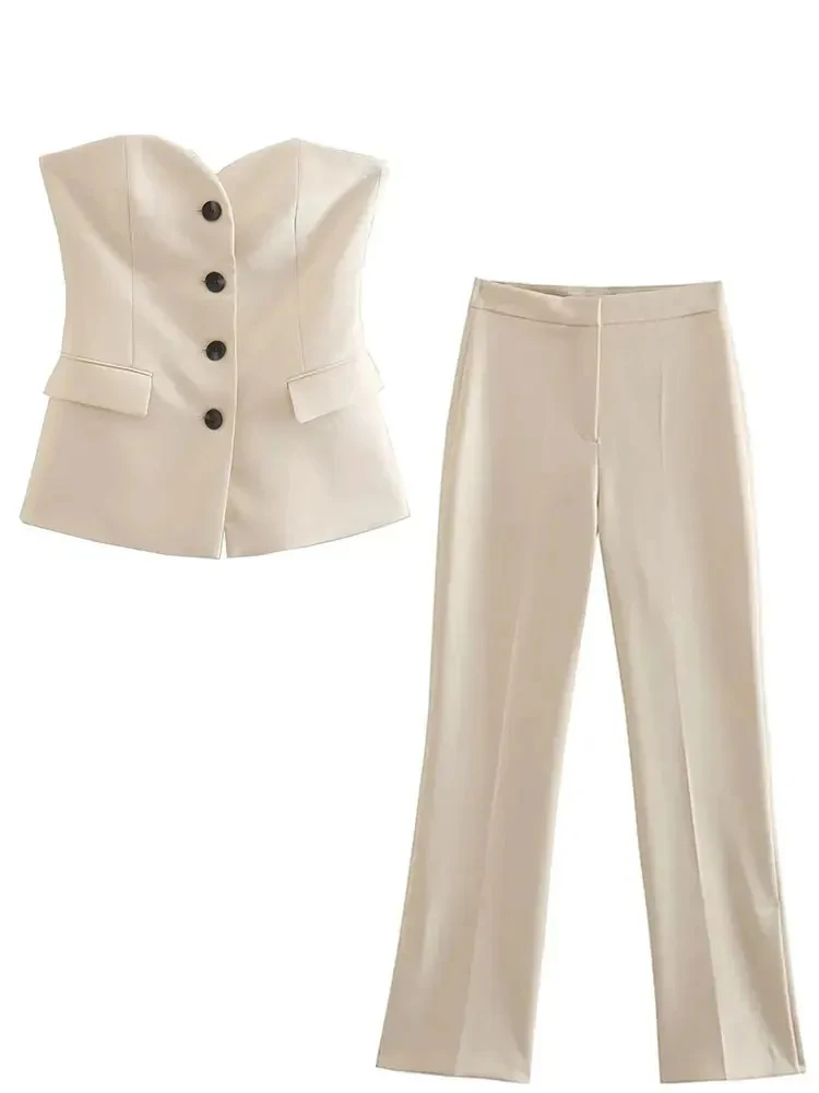 HH 2024 Women Fashion Solid Pant Suit Sleeveless Off Shoulder Single Breasted Tube Top+Simple All-match Straight Trouser Set